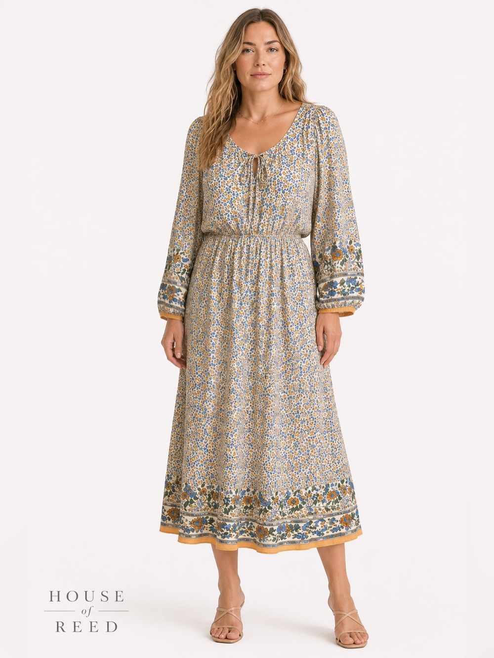 Floral‎ Border Boho Midi Dress in Mustard and Blue